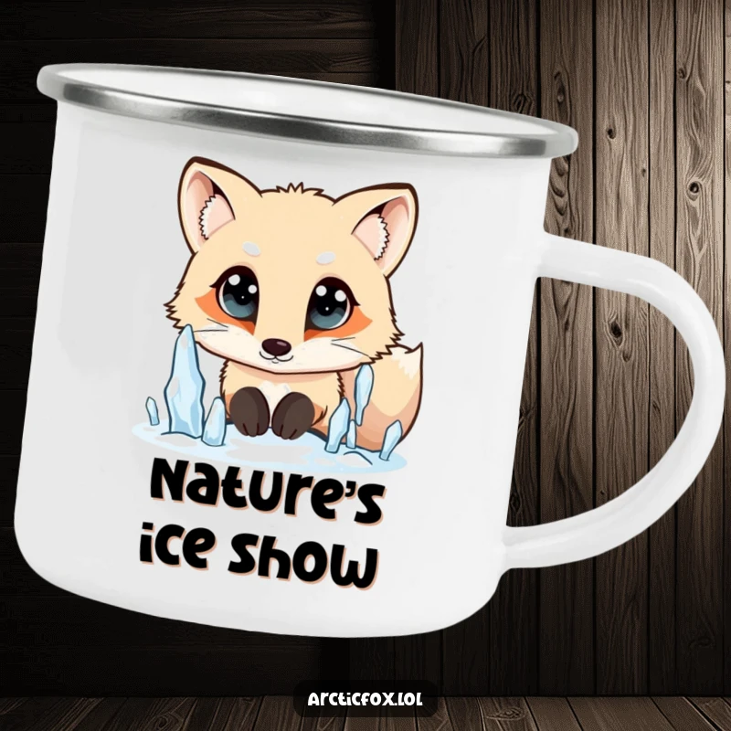 Funny Arctic fox camping mug, wide curious eyes, looking at falling icicles, durable and inspiring, a great funny gift.