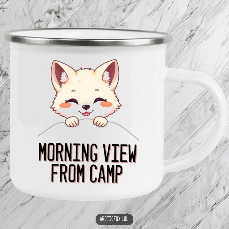 Funny Arctic fox camping mug, peeking over snow with a bright smile, perfect for outdoor adventures.