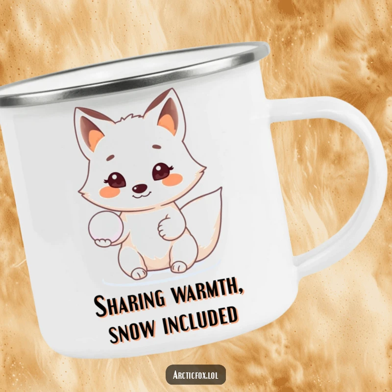 Funny Arctic fox camping mug, offering a snowball with a beaming smile, perfect for outdoor adventures.