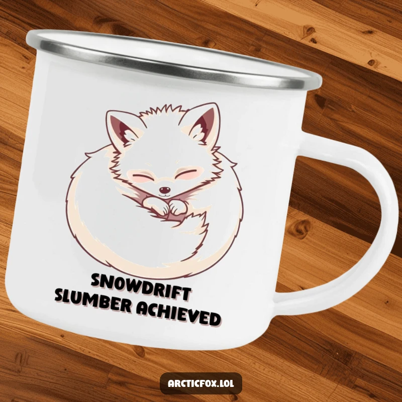 Funny camping mug showcasing a fluffy Arctic fox curled into a happy, contented ball, perfect for enjoying drinks in the great outdoors.