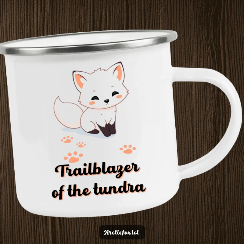 Funny cute Arctic fox camping mug, depicting playful paw prints in the snow, perfect for outdoor drinks with arctic fun.