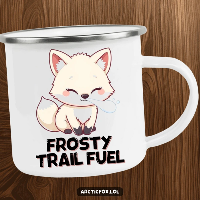 Funny Kawaii Arctic Fox Camping Mug with frosty breath, designed for chilly outdoor fun and laughs.