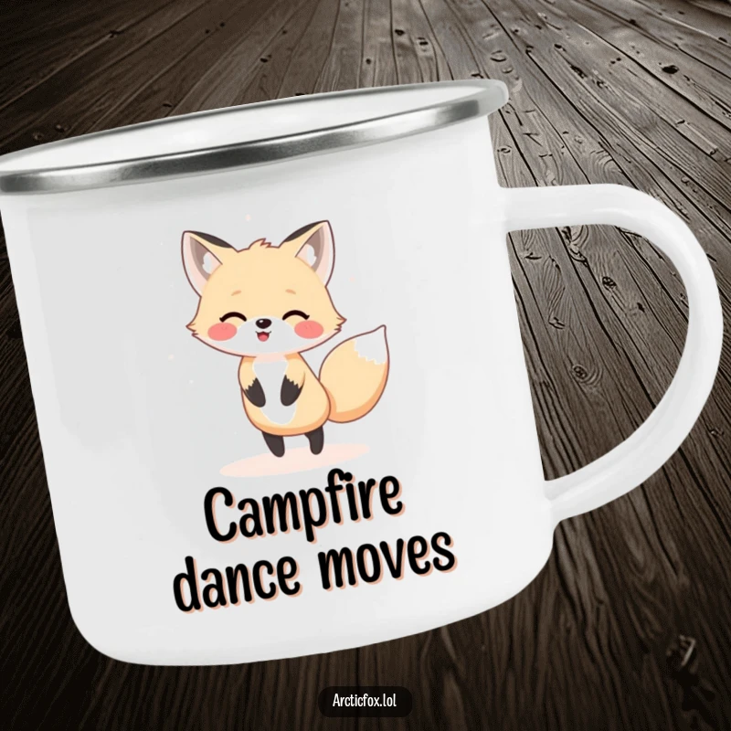 Funny Kawaii arctic fox dancing in snow, a durable and humorous camping mug.