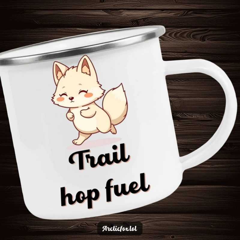 Funny Kawaii Arctic Fox Camping Mug captured mid-hop, perfect for adventurous and humorous outings.
