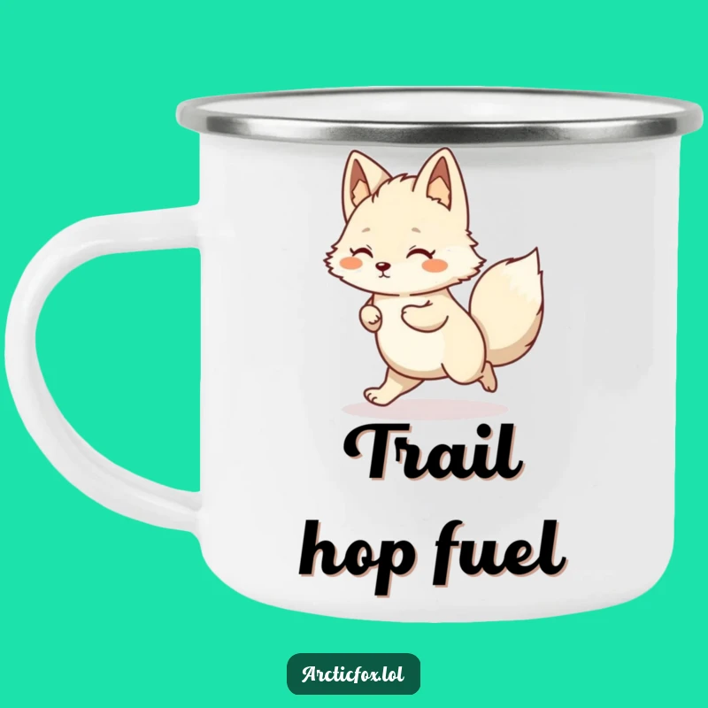 Funny Kawaii Arctic Fox Hop Camping Mug: Adventure Jumps, Perfect Gift!