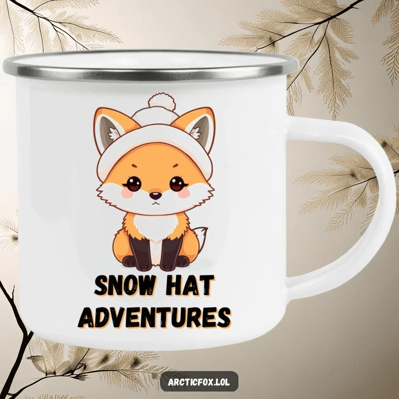 Funny Kawaii Arctic Fox Camping Mug with a snowball hat, perfect for humorous winter camping.