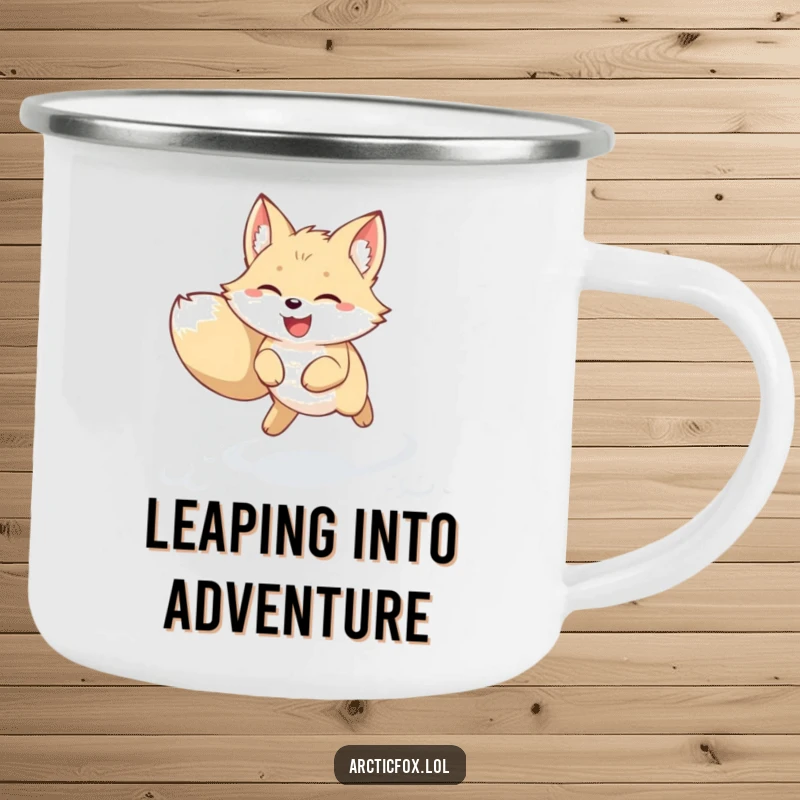 Funny kawaii arctic fox camping mug showing a joyful creature leaping through fresh snow with perked ears. Cute and humorous drinkware for outdoor fun, great funny gift.