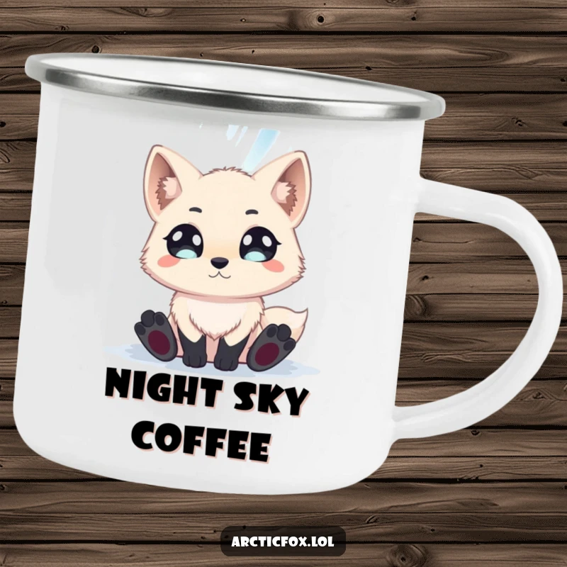 Funny arctic fox with wide eyes gazing at a shimmering aurora borealis, depicted on a durable camping mug.