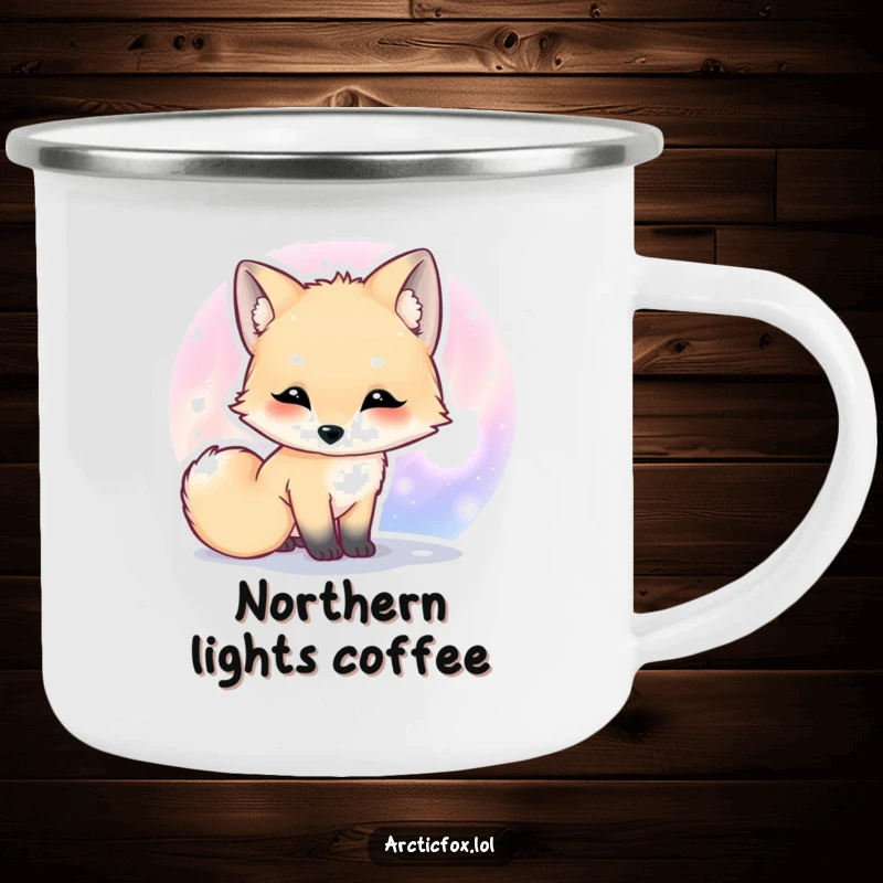Funny Kawaii arctic fox camping mug of a cute fox curiously sniffing a colorful aurora.