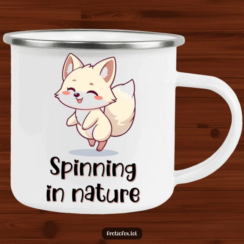 Funny Arctic Fox Spin Camping Mug: An Arctic fox character happily spinning with its bushy tail, ideal for enjoying drinks outdoors.