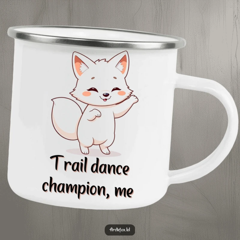Funny Arctic fox camping mug, showing a fox dancing with a wagging tail, perfect for outdoor enjoyment.