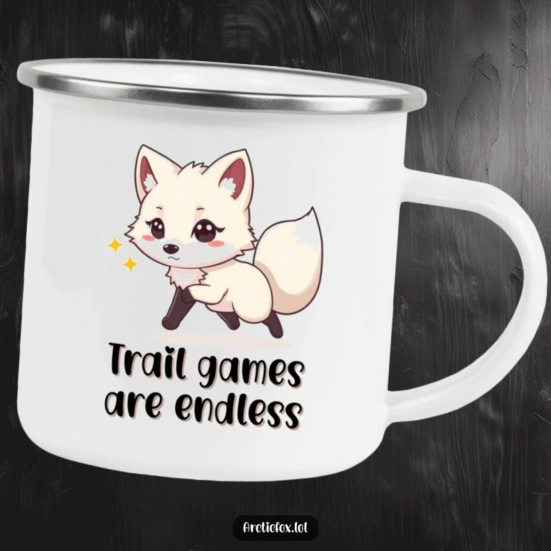 Funny camping mug showing a playful Arctic fox with sparkling eyes, energetically chasing its tail, ready for outdoor fun.