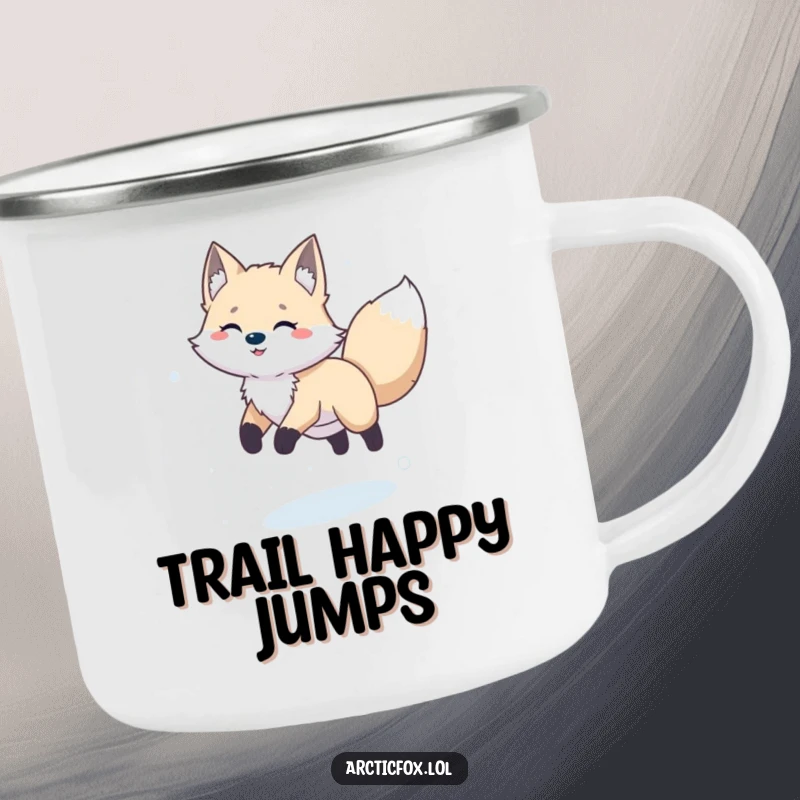 Funny happy arctic fox joyfully leaping in the snow, captured on a durable camping mug.