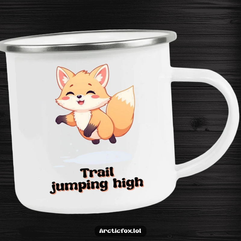 Funny Kawaii Arctic Fox Camping Mug: Durable mug with a cute white fox joyfully jumping in fresh snow, ready for outdoor winter fun.
