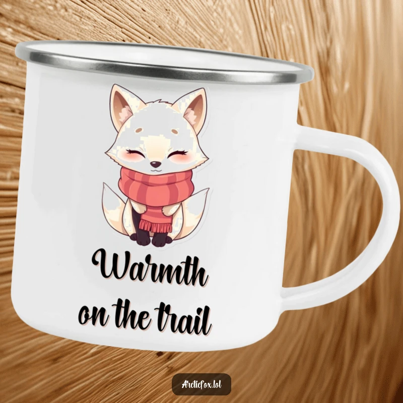 Funny winking Arctic fox camping mug, bundled in a scarf, perfect for outdoor drinks with cozy arctic flair.