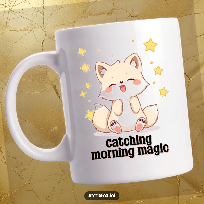 Funny Kawaii arctic fox gleefully catching falling stars in its paws, a humorous and magical mug design.
