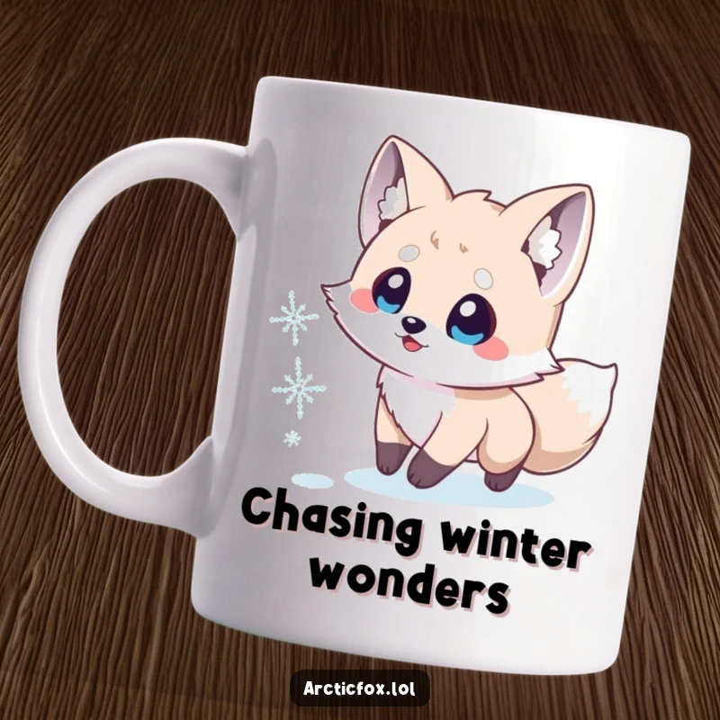 Funny Arctic Fox Mug: A cute fox with wide, excited eyes joyfully chases a snowflake in a whimsical winter scene.