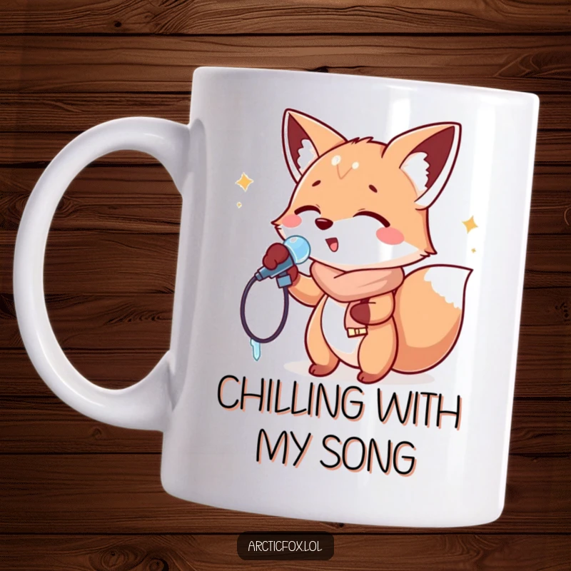 Funny Mug: A fox passionately singing into an icicle like a microphone, embodying pure musical joy and winter performance.