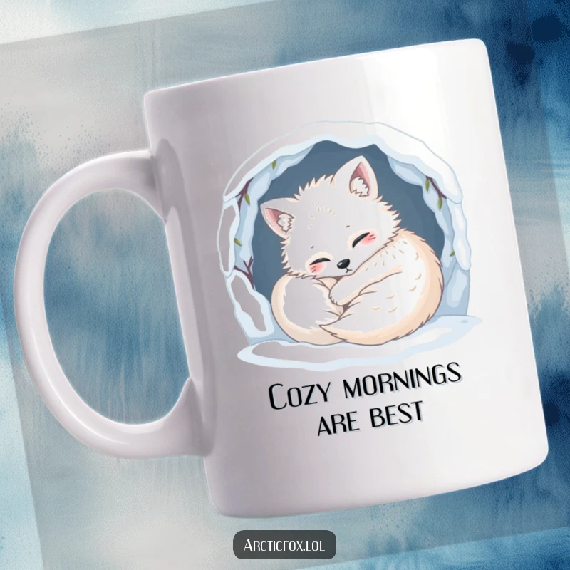 Funny Mug: A content arctic fox is cozily curled up and snug in its snowy den, radiating warmth and humor.