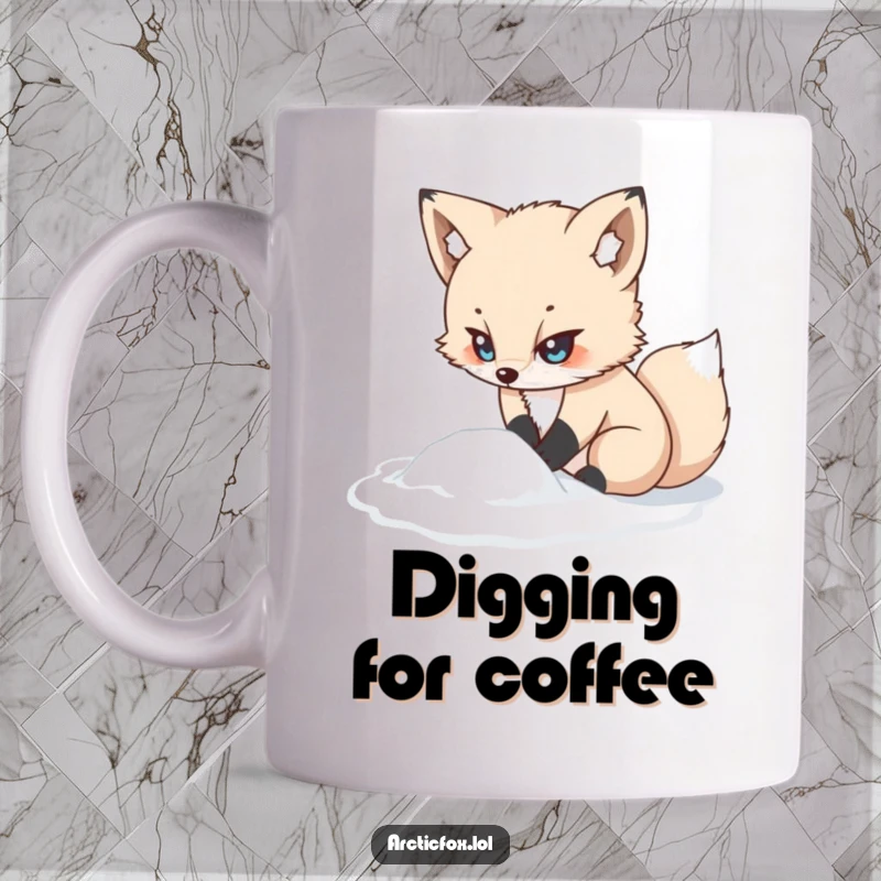 Funny kawaii arctic fox mug, looking determined while digging in snow, a cute and funny gift for winter lovers.