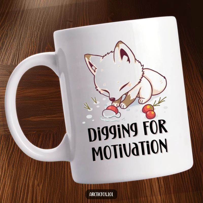 Funny Mug: A determined arctic fox enthusiastically digs in the snow, searching for a hidden treat with a focused and humorous expression.