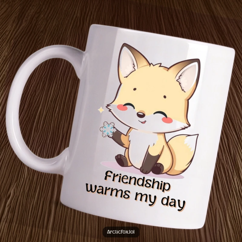 Funny mug featuring a smiling arctic fox extending a friendly paw towards a tiny, delicate snowflake, sharing a moment.
