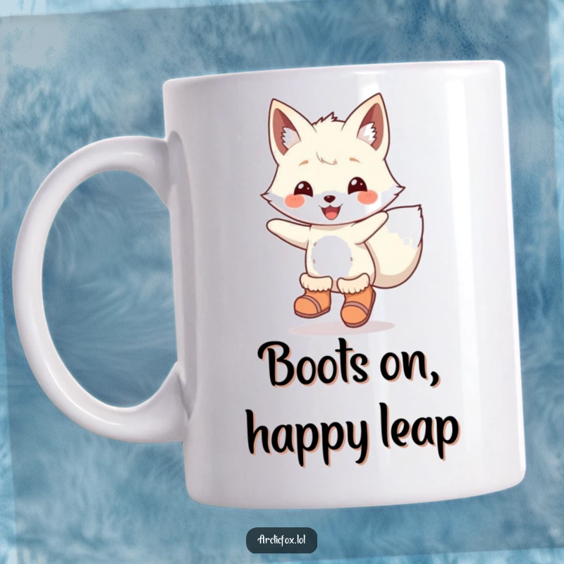 Funny Mug: An arctic fox wearing cute boots, leaping joyfully through the snow, embodying winter's playful spirit.
