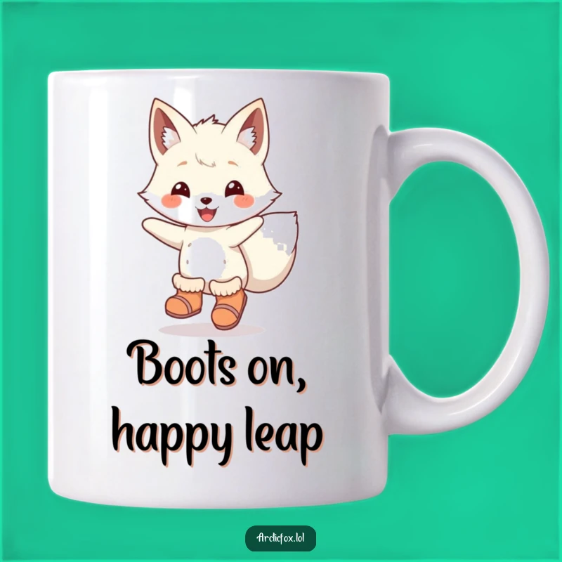 Funny Arctic Fox Mug: Joyful Leaping Snow Fox in Boots, Energetic Gift