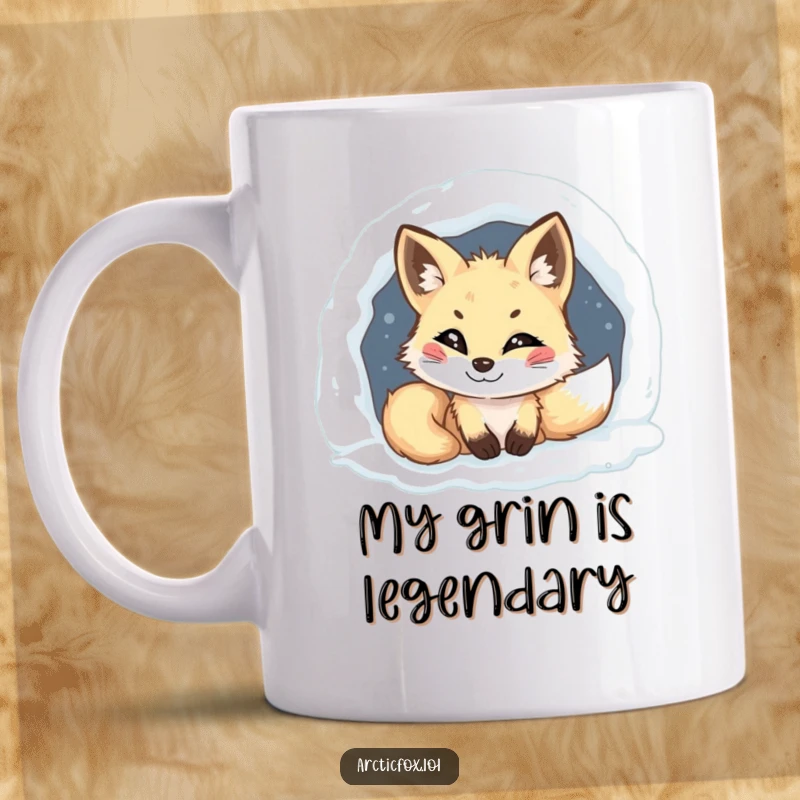 Funny Arctic fox mug, a mischievous grin, peeking from a snowy den, capturing a playful and sly personality, perfect for humor lovers.