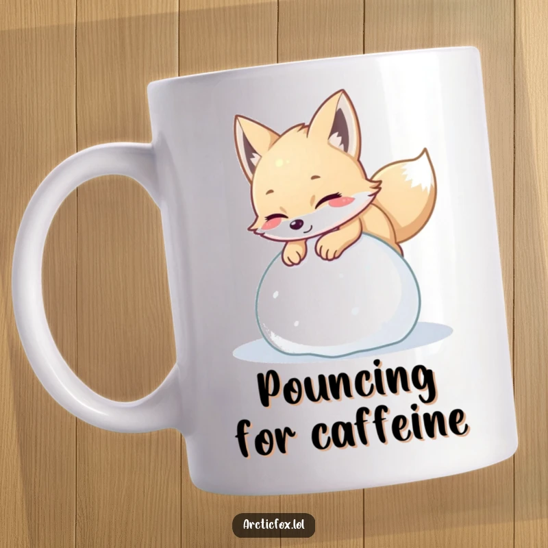 Funny arctic fox mug showing a playful creature pouncing with delight on a ball of soft snow, full of winter excitement.