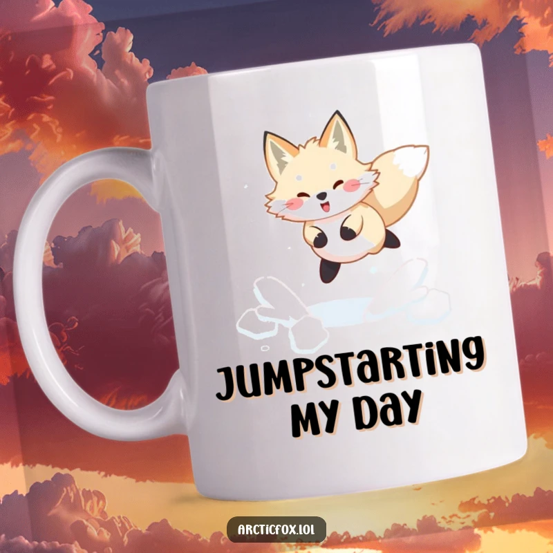 Funny Arctic fox mug showing a joyful leap through fresh, powdery snow, embodying winter's playful and humorous spirit.