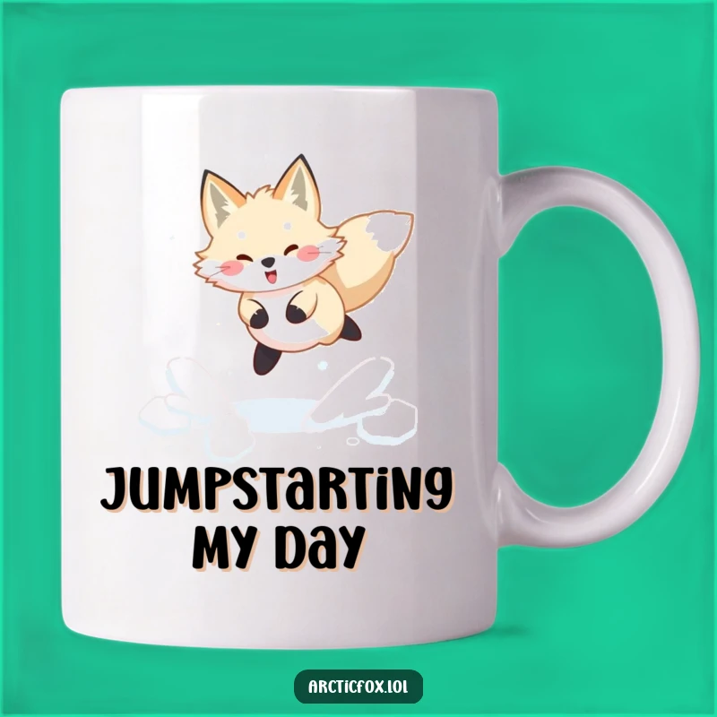 Funny Arctic Fox Snow Mug: Joyful Leap Design, Perfect Winter Gift