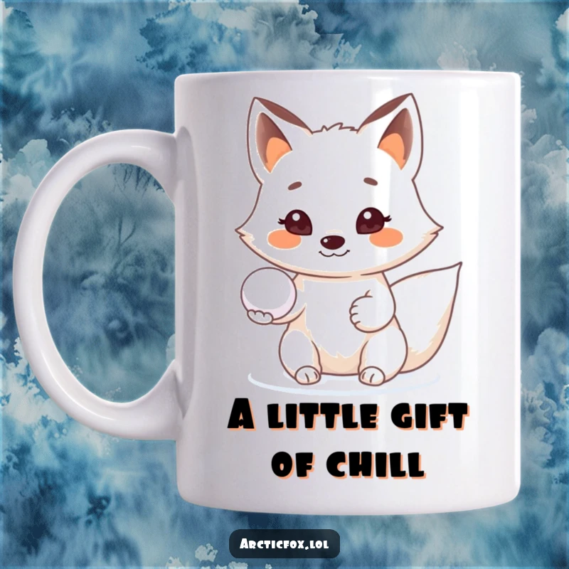 Funny Arctic fox mug, offering a snowball with a huge, beaming smile, conveying pure friendliness and joy.