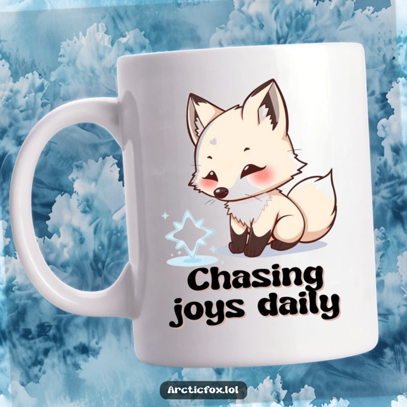 Funny Arctic fox mug, playfully chasing snowflake, joyful winter scene, capturing innocence and fun, perfect for a cheerful funny gift.