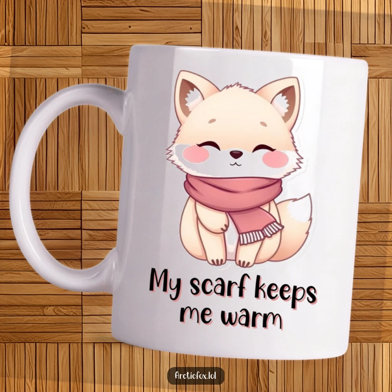 Funny chubby arctic fox wearing a tiny scarf, looking incredibly cozy and content while holding a warm mug.