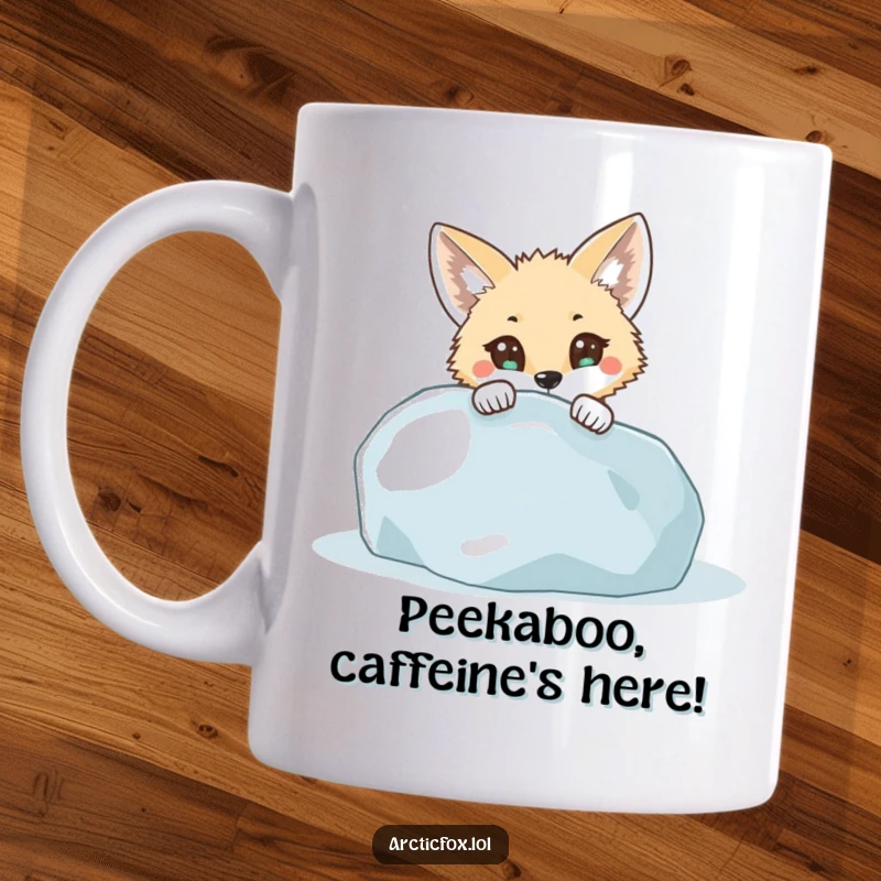 Funny Mug: Curious arctic fox with wide eyes peeking from behind a giant icy boulder, exuding playful surprise and humor.