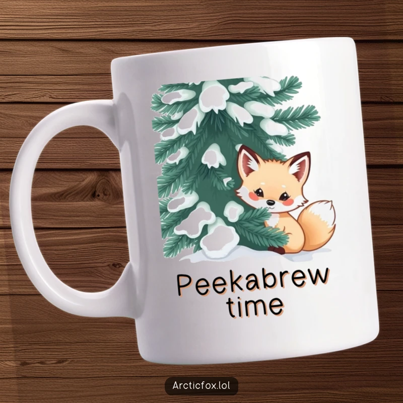 Funny arctic fox mug showing a curious creature peeking from behind a snow-dusted evergreen, embodying playful curiosity.
