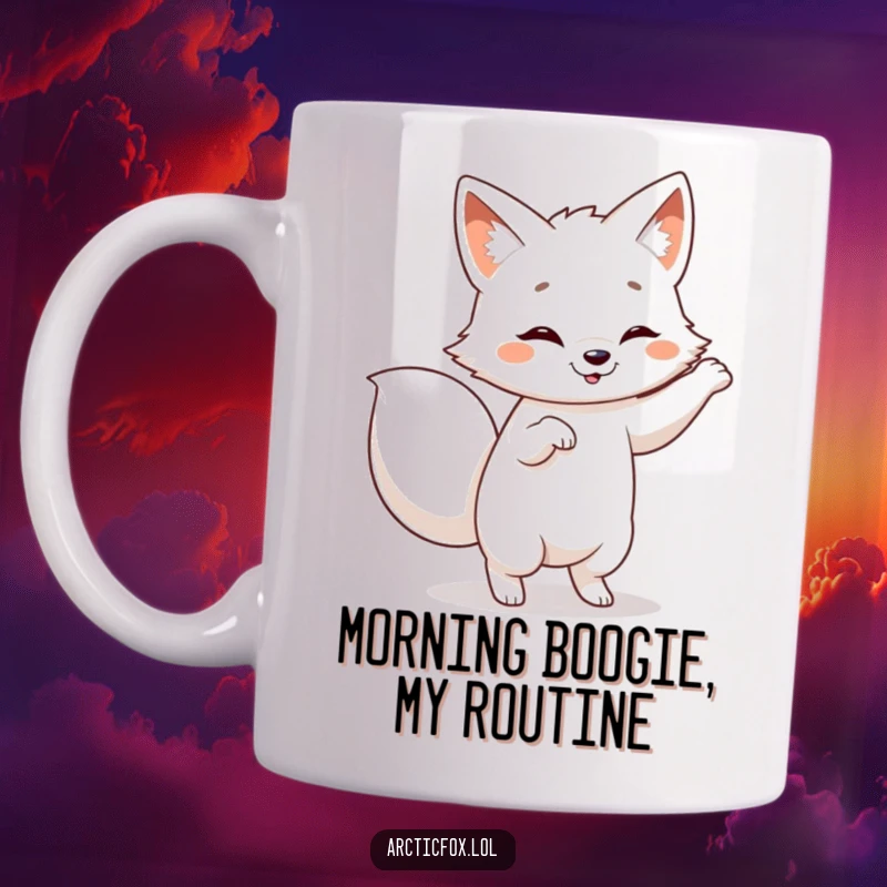 Funny Arctic fox mug, performing a silly dance with its fluffy tail wagging enthusiastically, full of life.