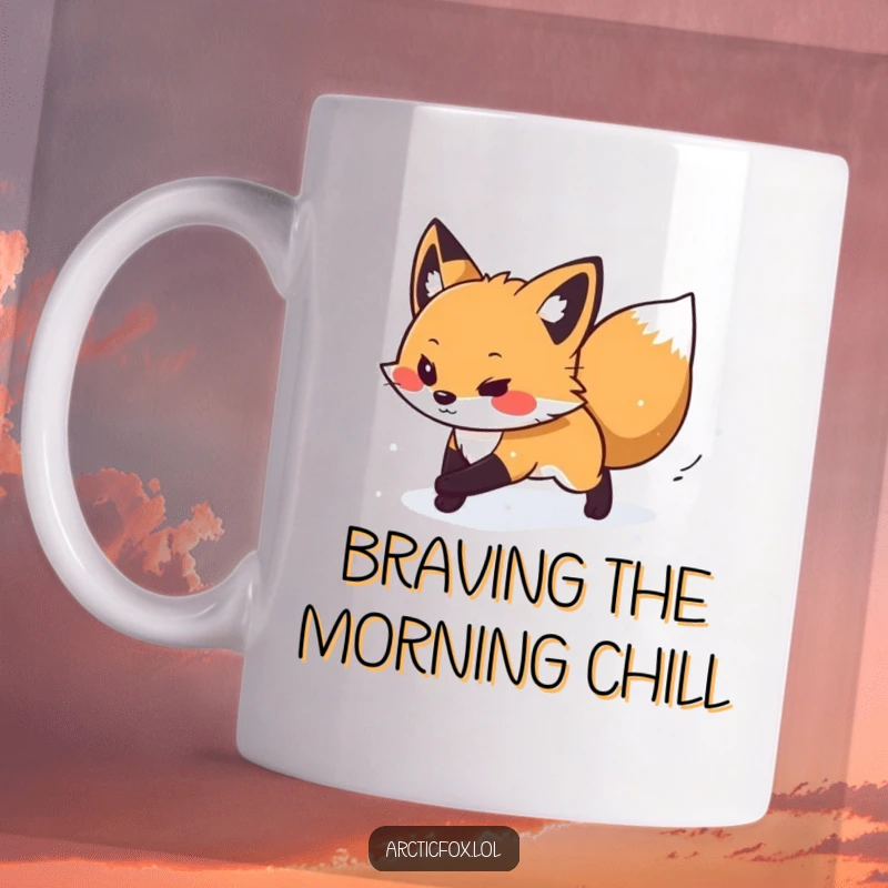 Funny mug featuring a determined arctic fox bravely pushing through a soft, gentle snow flurry with focused intensity.