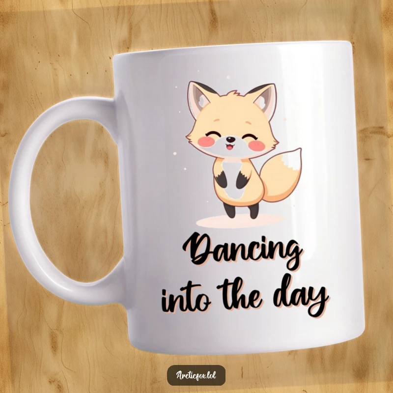 Funny Kawaii arctic fox happily dancing in a gentle snow flurry, a humorous and joyful mug design.