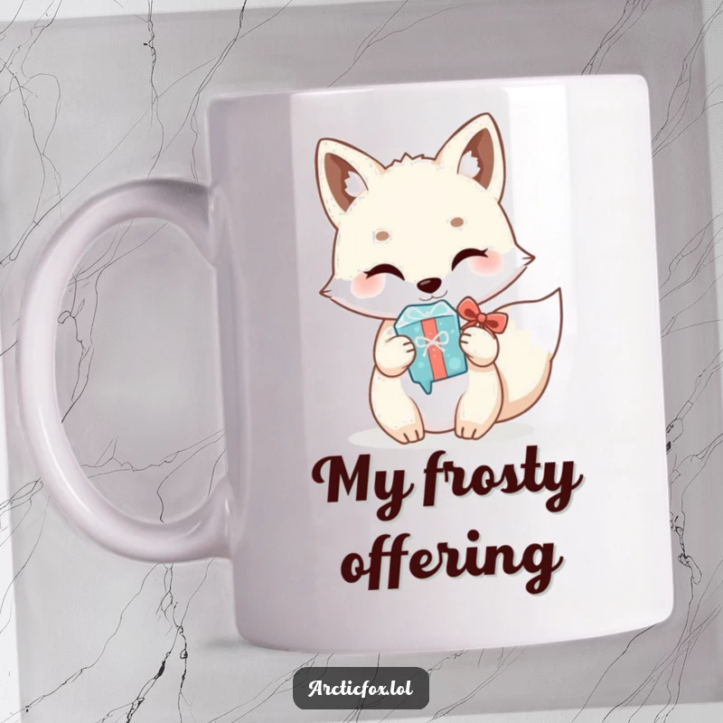 Funny Kawaii Arctic Fox Mug: Cute white fox presenting a shiny icicle as a gift, a heartwarming and humorous winter scene.