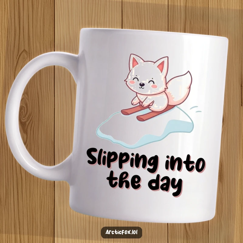Funny Kawaii Arctic Fox Mug, gleefully sliding down an icy slope, joyful arctic animal illustration, perfect quirky gift for winter lovers