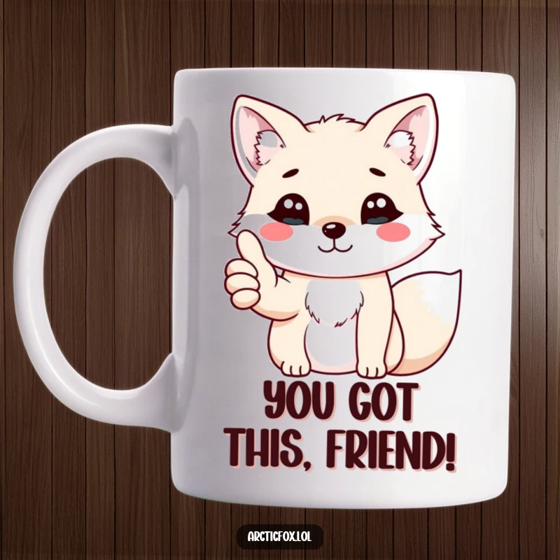 Funny kawaii arctic fox giving a cheerful thumbs up with its paw, presented on a positive mug.