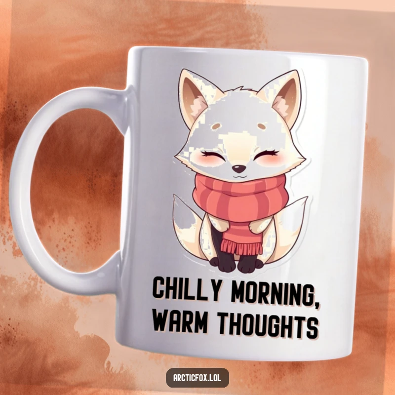 Funny winking Arctic fox mug, bundled in a cozy scarf, conveying warmth and a playful, secretive expression.