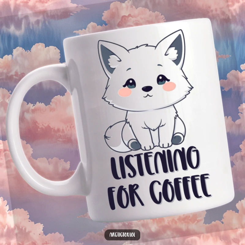 Funny Kawaii Arctic Fox Mug: A cute Arctic fox with its ears perked high, listening intently with an expression of curiosity and charm.