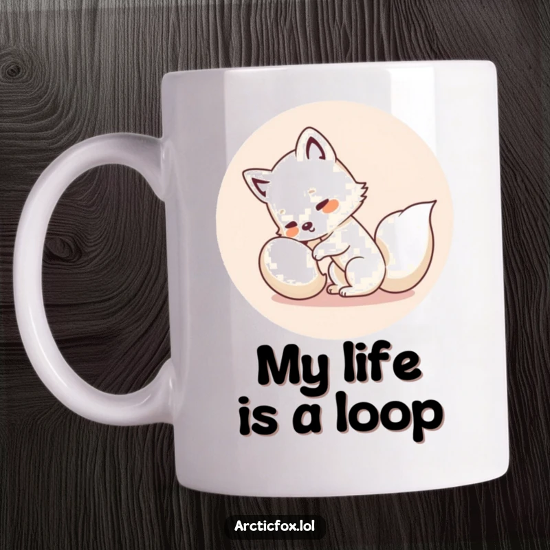 Funny Kawaii Arctic Fox Mug: Adorable white fox gleefully chasing its tail in a funny circle, capturing pure playful energy.