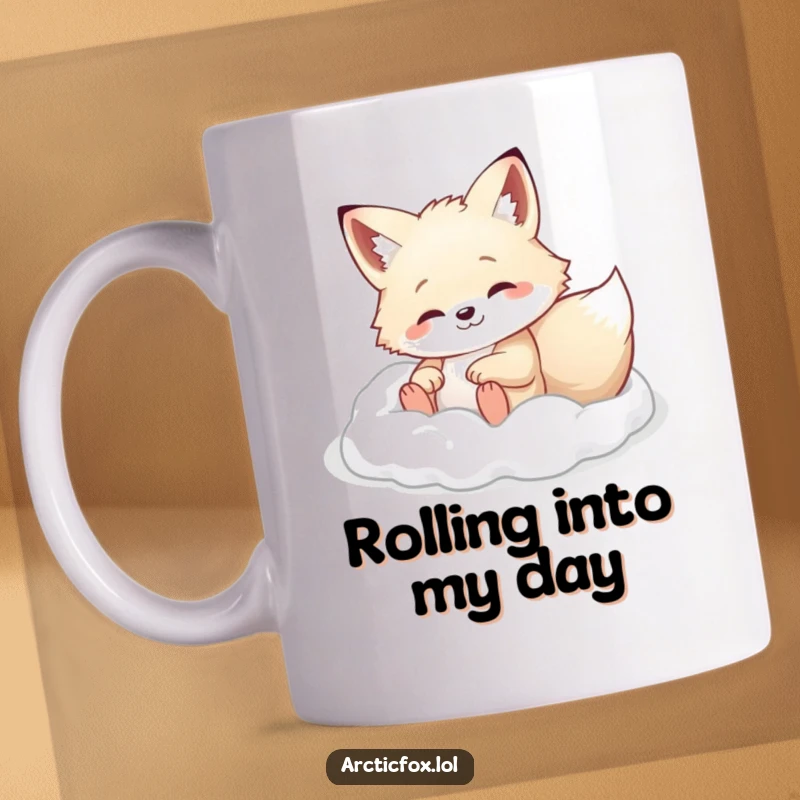 Arctic fox happily rolling in soft white powder on a mug, perfect for winter enjoyment.
