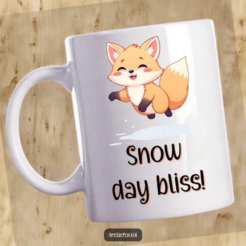 Funny Kawaii Arctic Fox Mug: Cute white fox joyfully jumping high in fresh snow, a comical depiction of pure winter happiness.