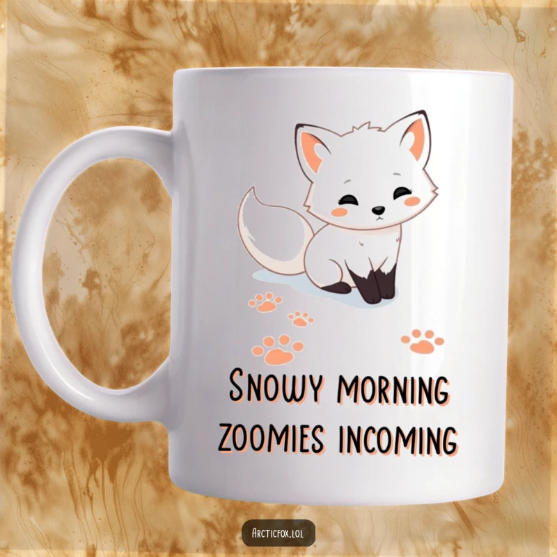 Funny Arctic fox mug with playful paw prints in fresh snow, showcasing a whimsical winter scene and a cheerful arctic animal.