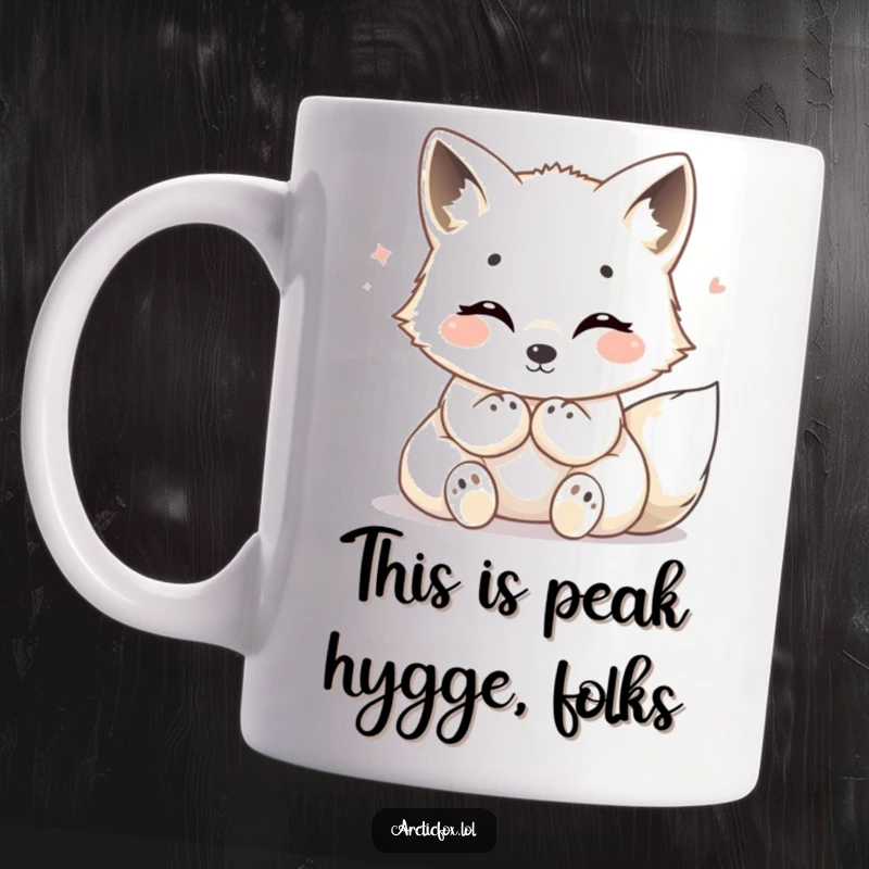 Funny Arctic fox mug, paws tucked in, radiating pure cozy warmth and contentment, smiling softly.